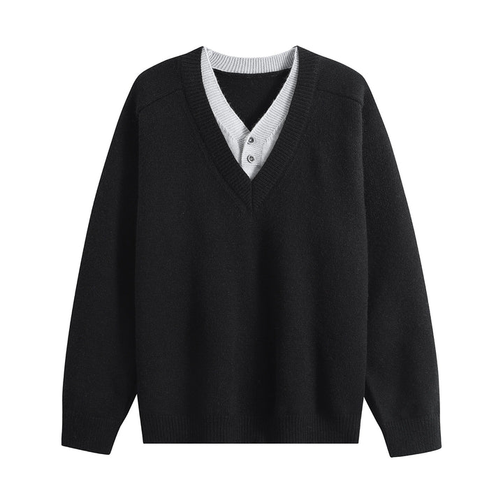 Unisex Oversize V‑Neck Strickpullover mit eingearbeiteter Henley-Optik Echoarchiv