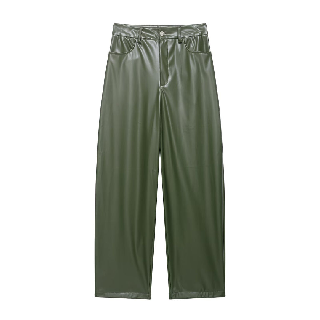 Damen Zweiteiliges PU-Leder-Ensemble mit Fieldjacke, Kordelzugtaillierung und High‑Waist Wide‑Leg Hose Echo Archiv