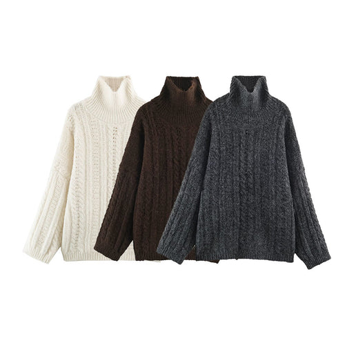 Damen Grobgestrickter Oversize-Pullover mit hohem Rollkragen und Zopfmuster Echoarchiv