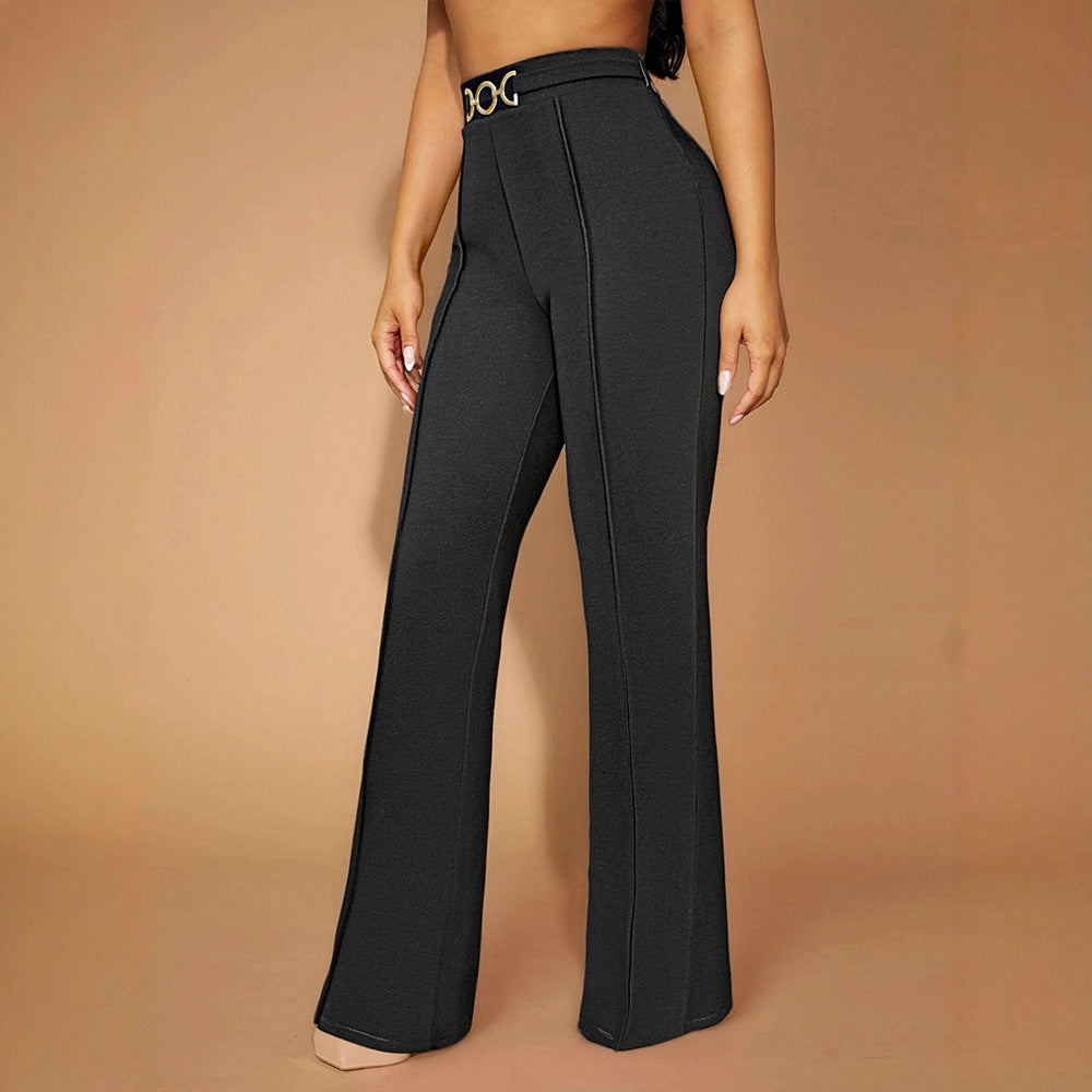 Damen Elegante Hochtaillierte Stoffhose mit diagonalen Nähte und dekorativem Gürtel Echo Archiv
