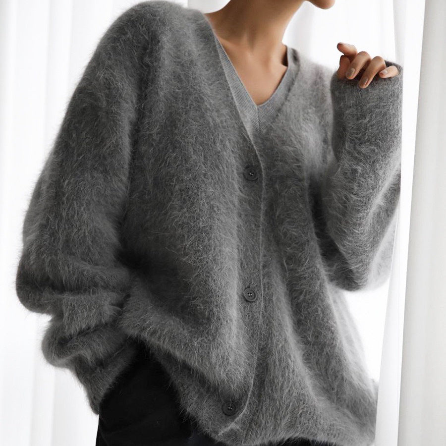 Damen Kuscheliger Oversize-Cardigan aus Teddy-Strick mit tiefem V-Ausschnitt – Veloura