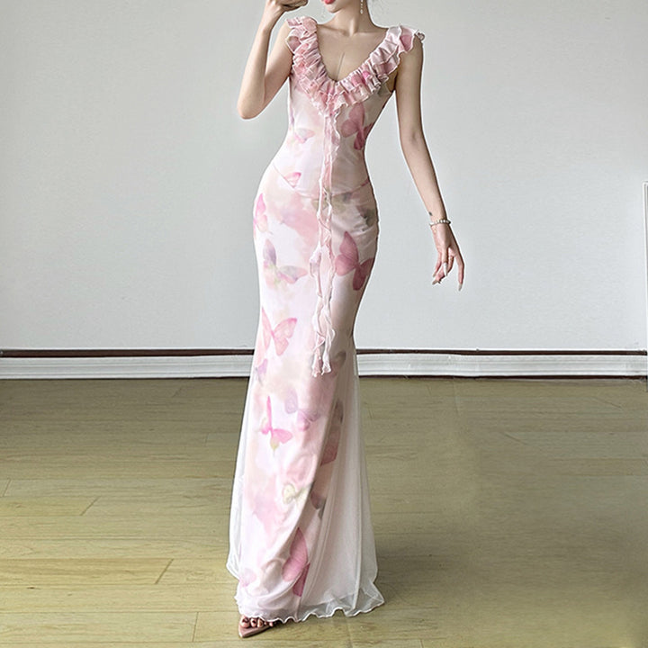 Damen Maxikleid aus transparentem Chiffon mit Rüschendetails und floralem Design Echo Archiv