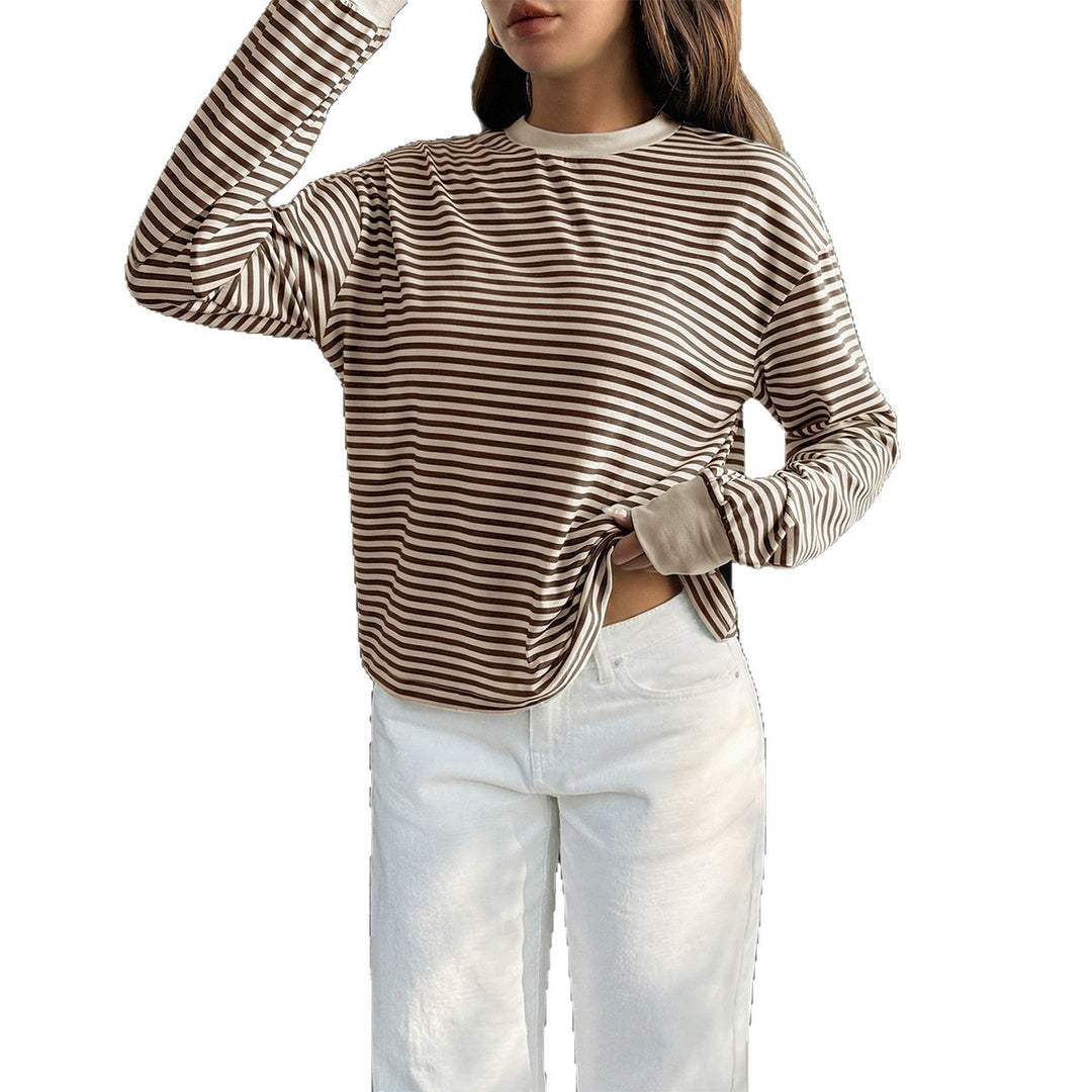 Damen lässiges gestreiftes Oversize-Longsleeve mit kontrastierendem Rundhalsausschnitt und verlängertem Rückensaum – Avérine