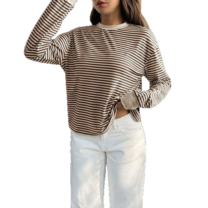 Damen lässiges gestreiftes Oversize-Longsleeve mit kontrastierendem Rundhalsausschnitt und verlängertem Rückensaum – Avérine