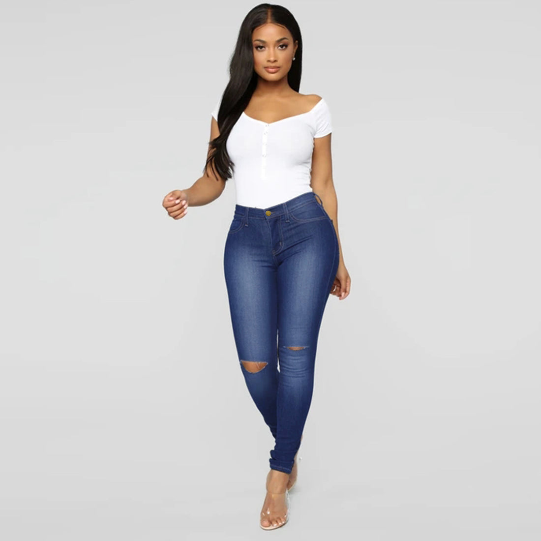 Damen High-Waist Skinny-Jeans mit Knie-Rissen und figurformendem Schnitt Echo Archiv