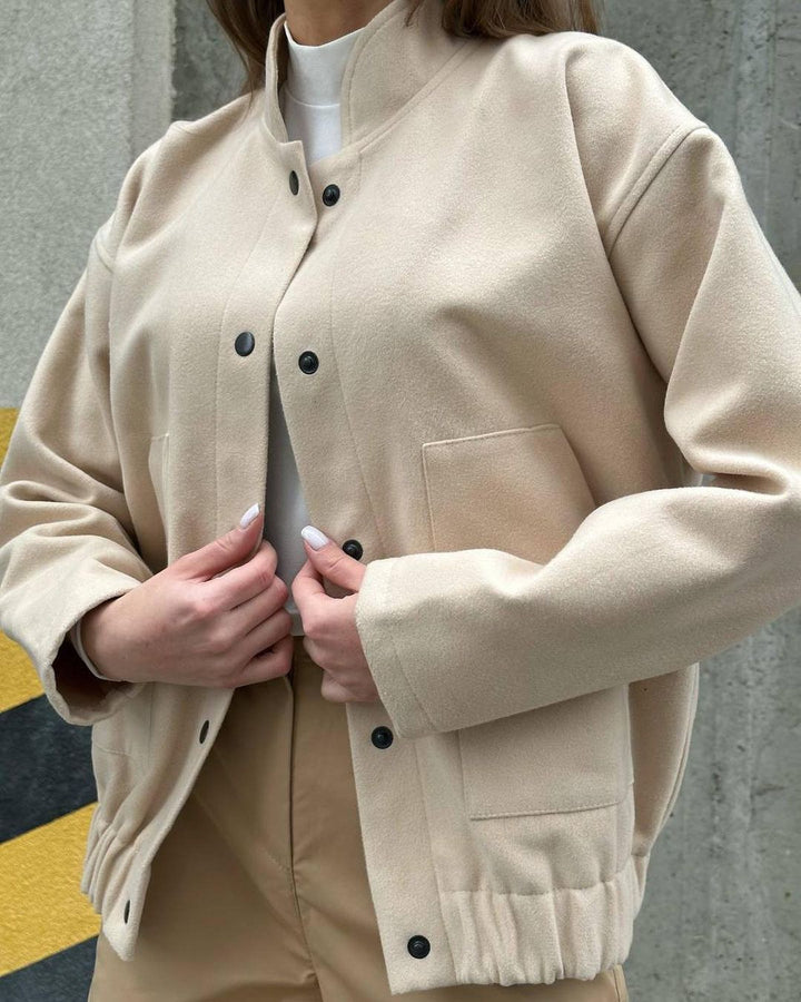 Damen Kurz geschnittene Bomberjacke aus Wollmix mit Druckknopfverschluss und elastischem Saum Echoarchiv