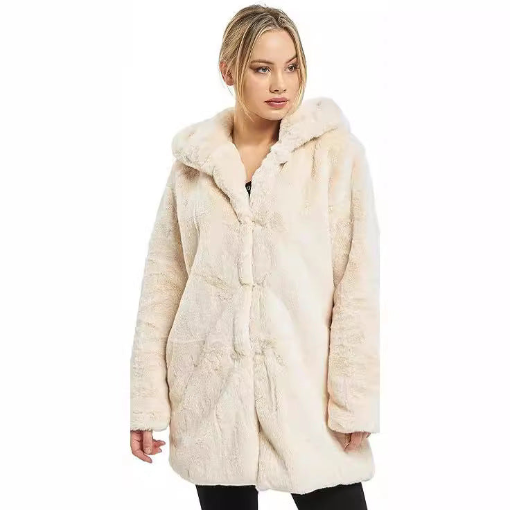 Damen Midilanger Kunstpelzmantel mit Kapuze, Teddy-Finish und verdeckter Knopfleiste Echo Archiv