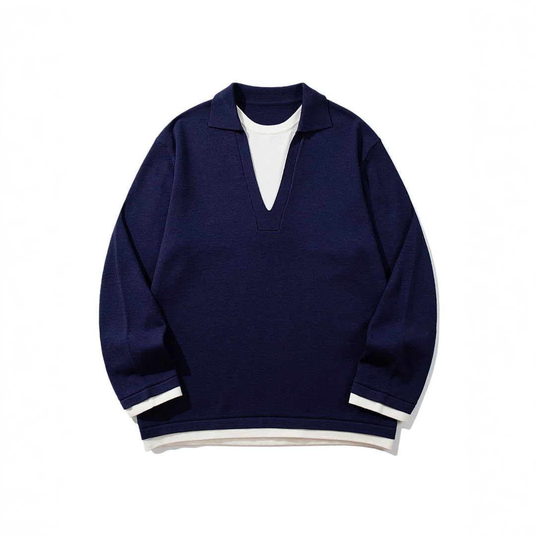 Unisex Lässiger Oversize Strickpullover mit tiefem V Einsatz und Hemd‑Layer Optik Echoarchiv