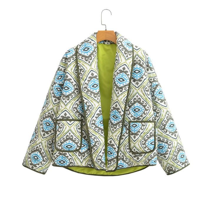 Damen Stepp-Kimonojacke mit grafischem Allovermuster, Schalkragen und aufgesetzten Taschen Echo Archiv