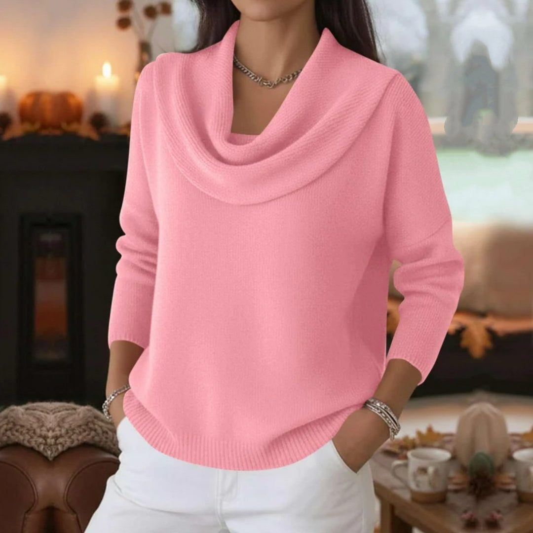 Damen Lässiger Schalkragen-Feinstrickpullover mit überschnittener Schulter und geripptem Saum – Mavelle