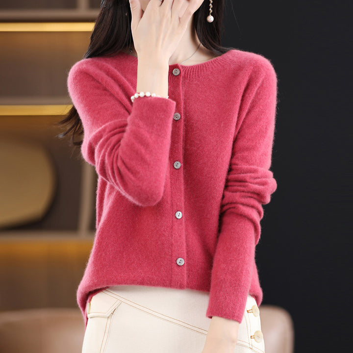 Damen Kurzgeschnittener Cardigan in Mohair‑Optik mit Rundhalsausschnitt und Perlmuttknöpfen Echoarchiv