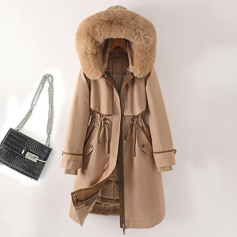 Damen nan langer Parka mit Kunstfellkapuze Taillenzug und kontrastierten Paspeln Echo Archiv