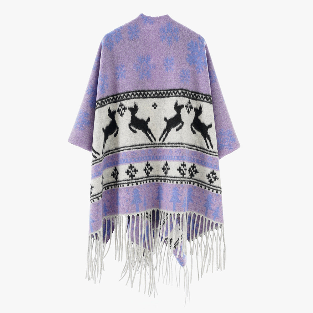 Damen Oversize-Poncho mit Norweger-Motiv und Fransen aus Wollmix Echo Archiv