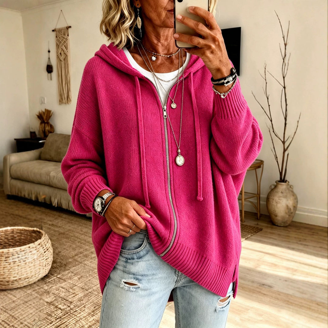 Damen Oversize Kapuzen-Zip-Cardigan aus weichem Feinstrick – Auréline