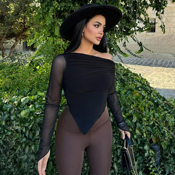 Damen elegantes Wickelshirt mit schulterfreiem Design und transparenten Ärmeln Echo Archiv