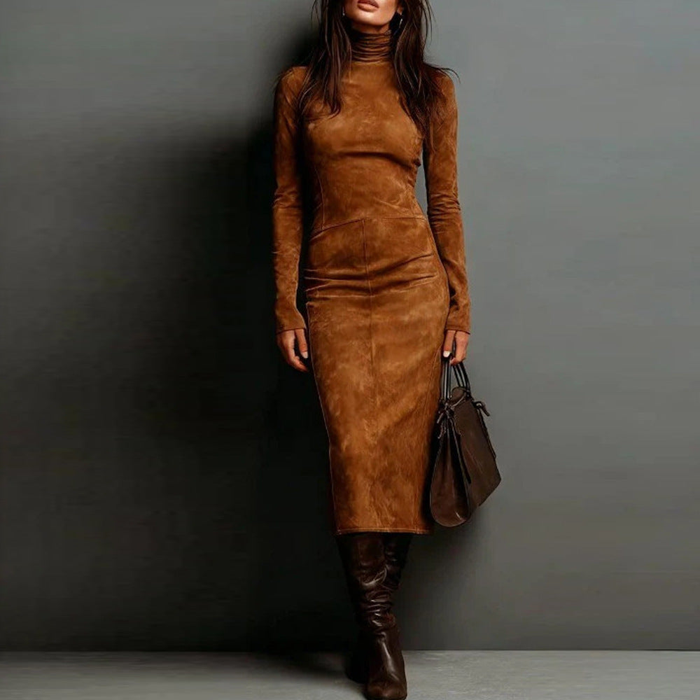 Damen Tailliertes Midi Kleid im Samt-Look mit Rollkragen und maßgeschneiderter Silhouette – Élara