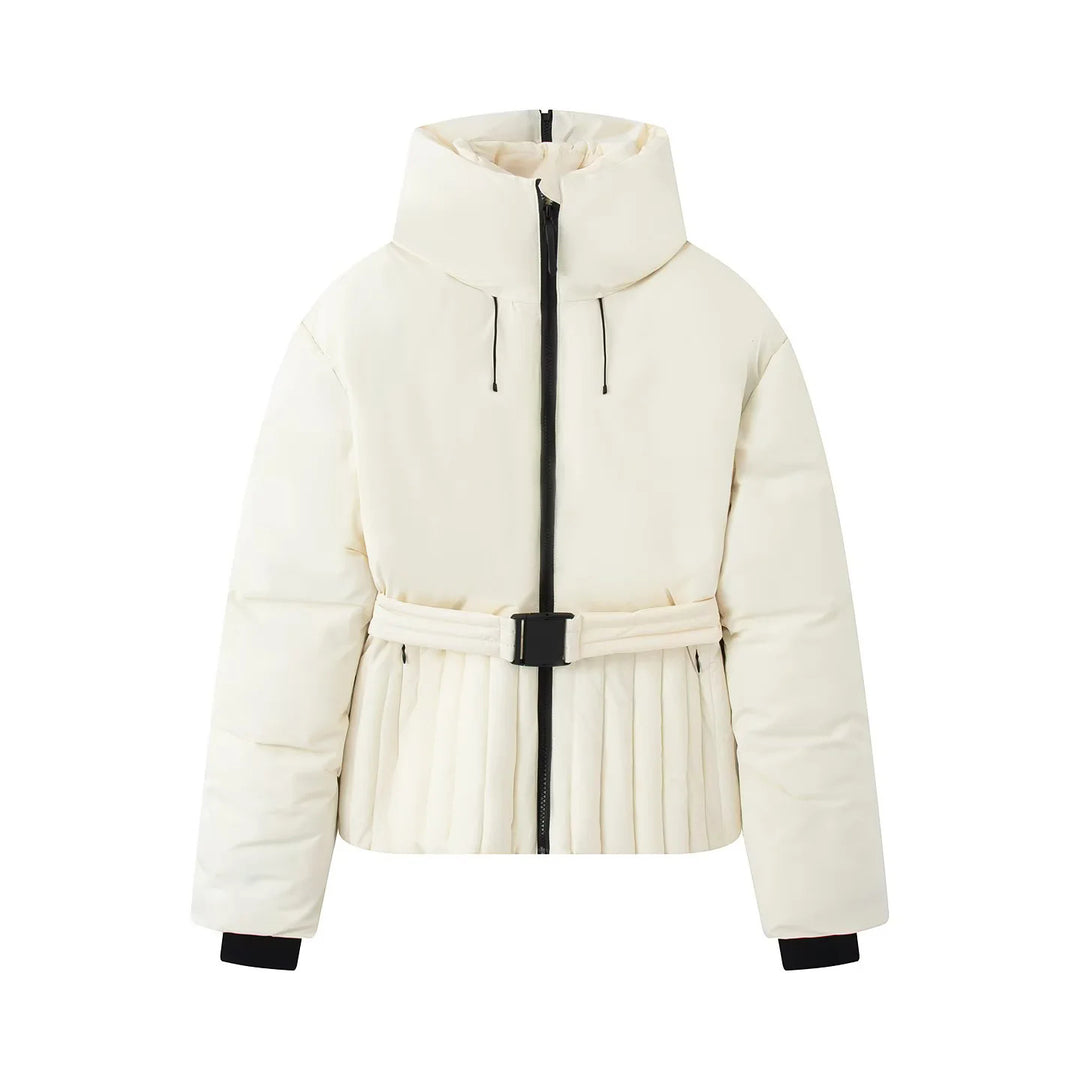 Damen gesteppte Taillen-Steppjacke mit hohem Kragen, Taillengürtel und Plissee-Saum – Célinea