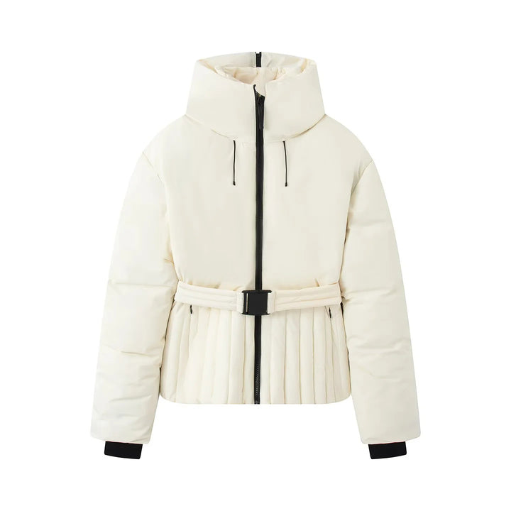 Damen gesteppte Taillen-Steppjacke mit hohem Kragen, Taillengürtel und Plissee-Saum – Célinea