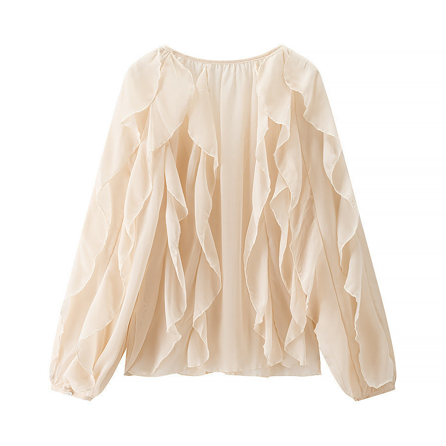 Damen Voluminöse Chiffonbluse mit mehrlagigen Volants und Knopfverschluss Echo Archiv