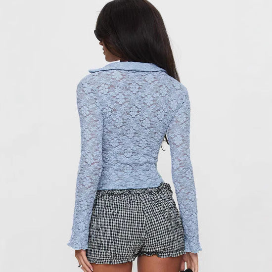 Damen Spitzenbluse mit V-Ausschnitt und floralen Details Echo Archiv