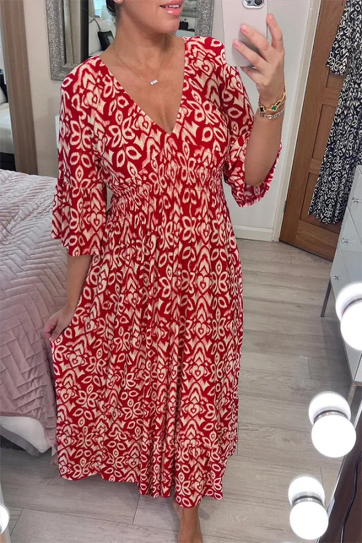 Damen Boho‑Maxikleid mit Smoktaillenband, Wickeloptik‑Dekolleté und Volantärmeln – Valéora