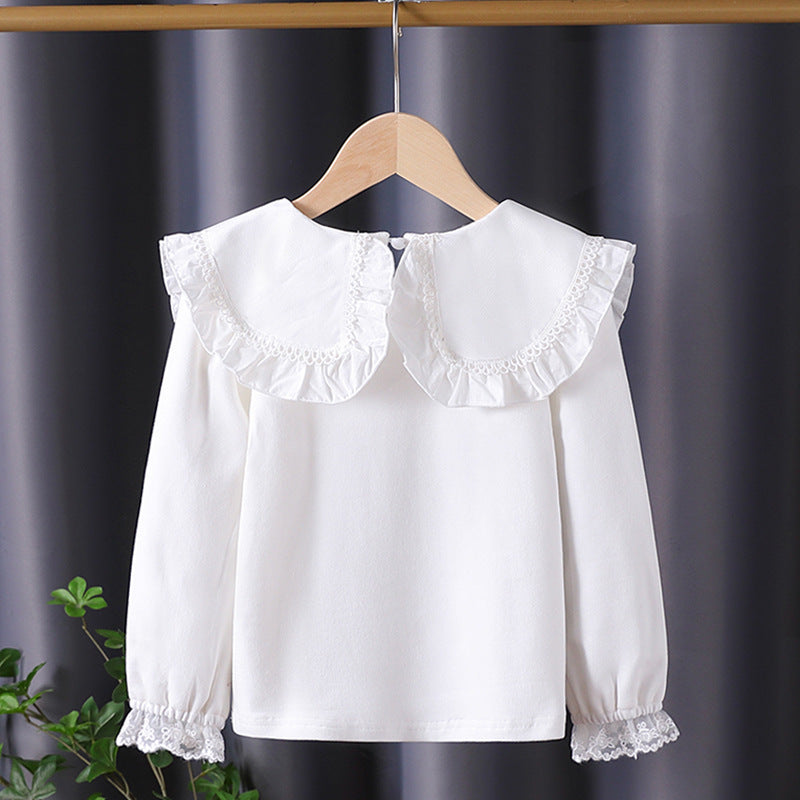 Mädchen Bluse mit rüschenverziertem Kragen und feinen Blumenapplikationen Echo Archiv