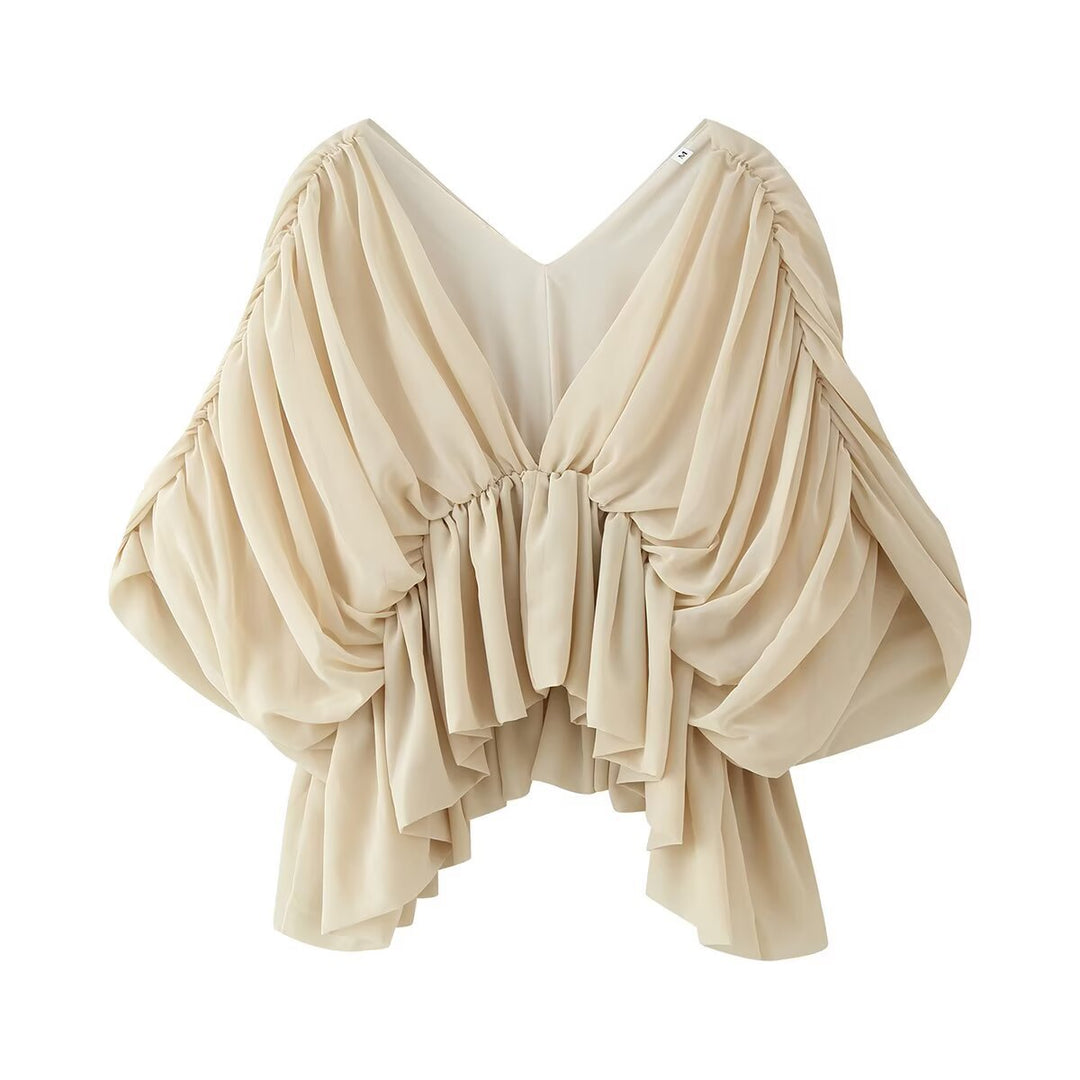 Damen Drapiertes Chiffon-Top mit V-Ausschnitt und voluminösen Fledermausärmeln Echoarchiv