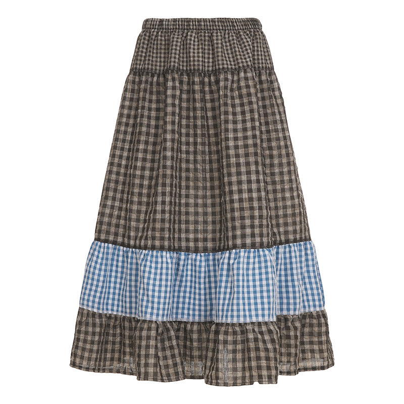 Damen nan mehrlagiger Baumwoll-Stufenrock mit elastischem Taillenbund, kontrastierendem Gingham-Band und Volant Echo Archiv