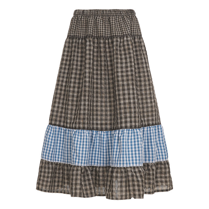 Damen nan mehrlagiger Baumwoll-Stufenrock mit elastischem Taillenbund, kontrastierendem Gingham-Band und Volant Echo Archiv