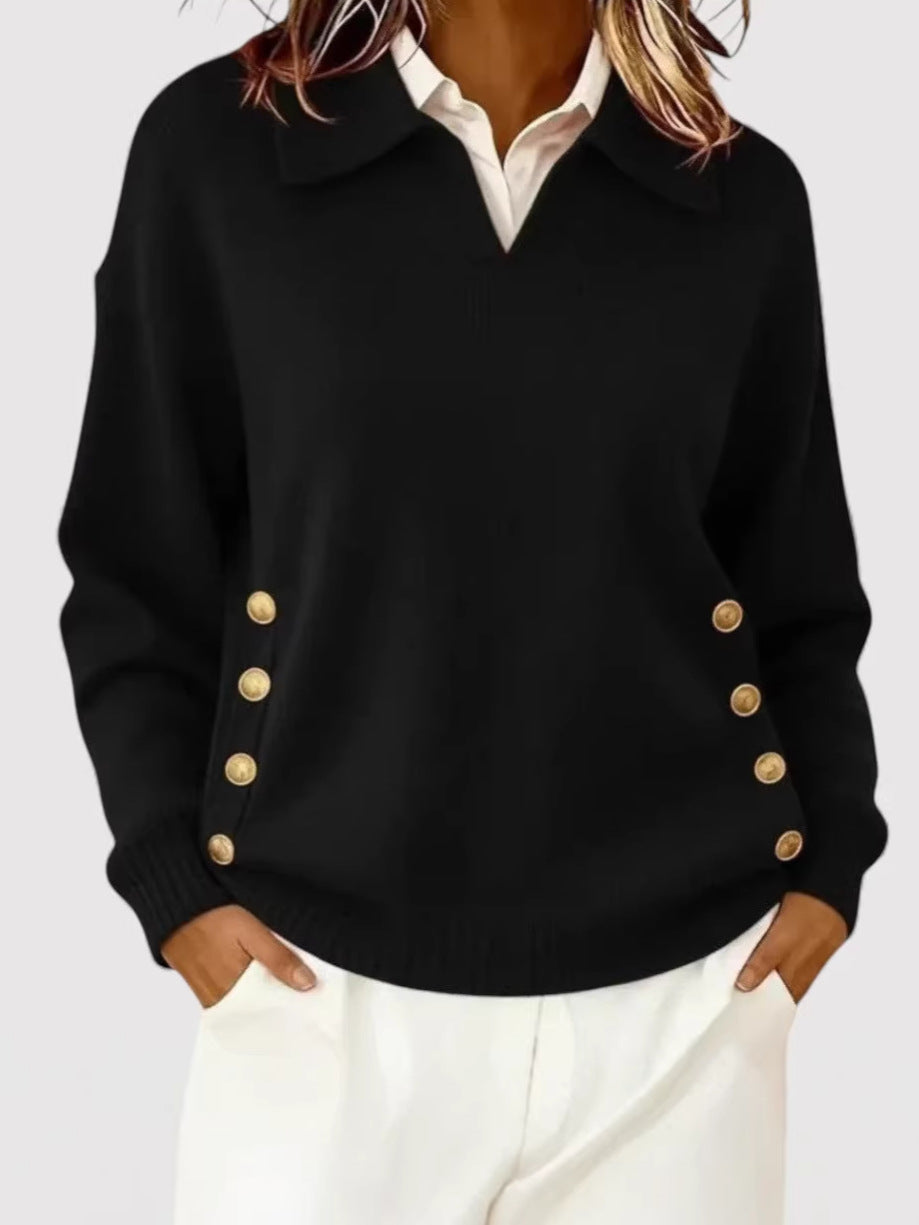 Damen Modischer Strickpullover mit Kragen und Knopfdetails – Mavelle