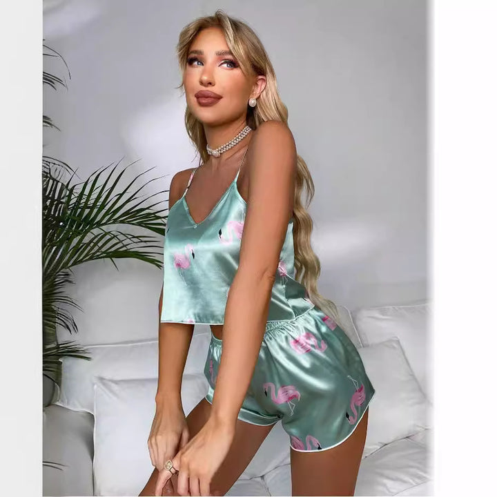 Damen Satin-Nachtwäsche Set mit Leopardenmuster und verstellbaren Trägern Echo Archiv