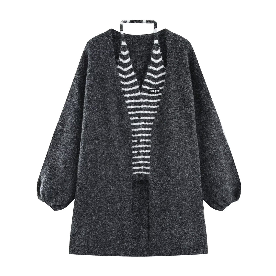 Damen Oversize Strickcardigan mit Ballonärmeln und gestreifter Einfass-Knopfleiste Echoarchiv