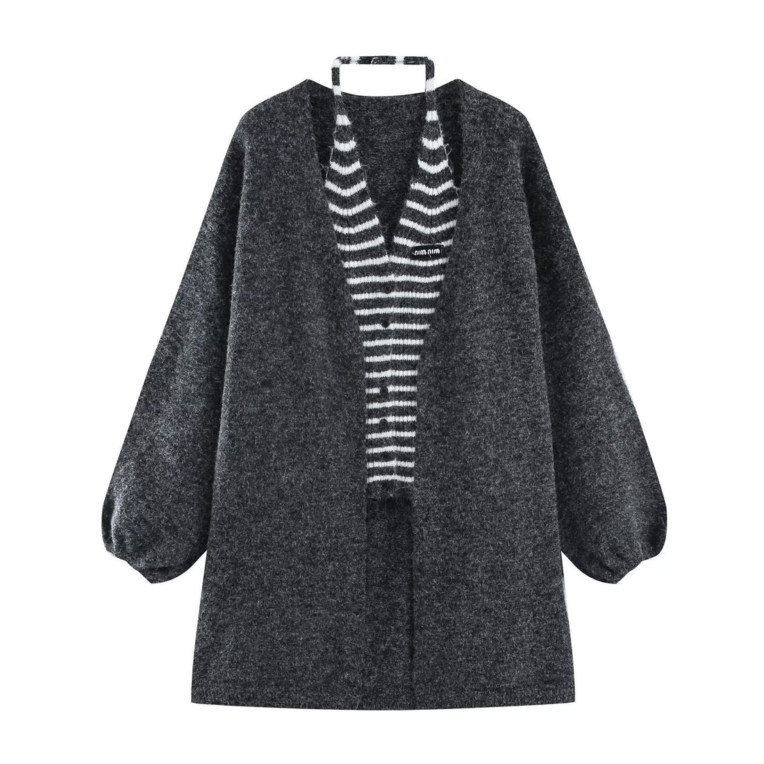Damen Oversize Strickcardigan mit Ballonärmeln und gestreifter Einfass-Knopfleiste Echoarchiv