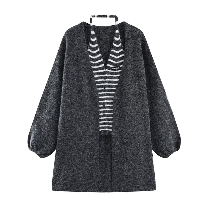 Damen Oversize Strickcardigan mit Ballonärmeln und gestreifter Einfass-Knopfleiste Echoarchiv