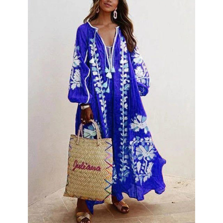 Damen Besticktes Boho-Maxikleid mit Ballonärmeln und Quastenverschluss – Valéora