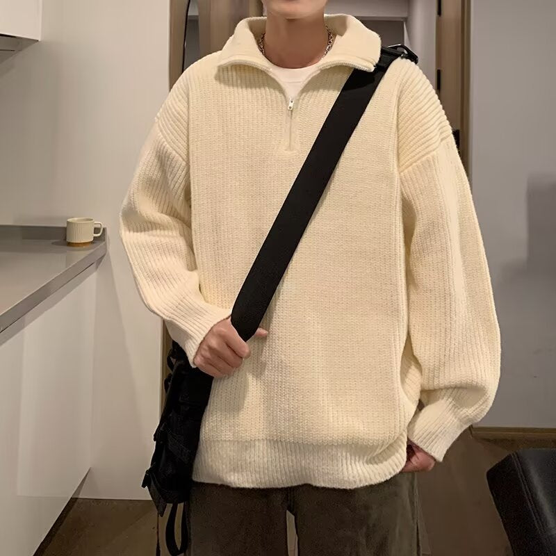 Herren Weicher Oversize-Rippenstrick-Pullover mit verdecktem Halbzip und Polokragen Echoarchiv
