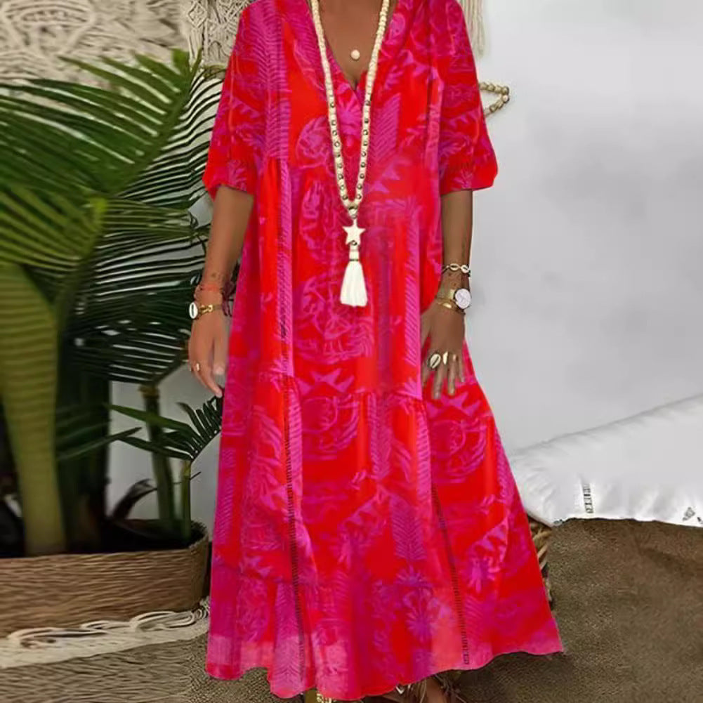 Damen nan Boho-Langkleid mit tiefem V-Ausschnitt, Stufenschnitt und legerer Oversize-Passform Echoarchiv