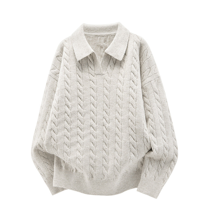 Damen Oversize Kabelstrick-Polo-Pullover mit V‑Ausschnitt und geripptem Saum Echoarchiv