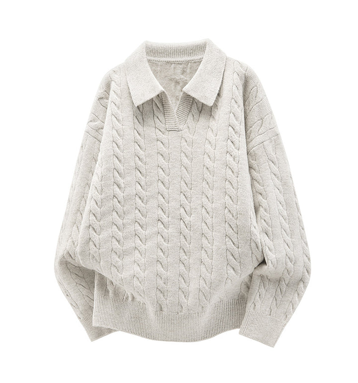 Damen Oversize Kabelstrick-Polo-Pullover mit V‑Ausschnitt und geripptem Saum Echoarchiv