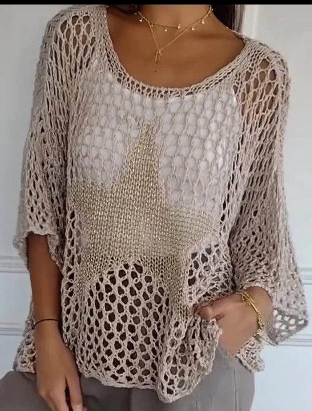 Damen nan oversized gehäkelter Pullover mit Sternapplikation und 3/4-Ärmeln Echo Archiv