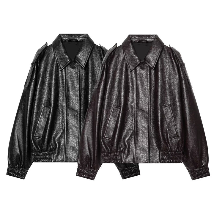 Damen Oversized Kunstleder-Bomberjacke mit Schulterklappen und gerafftem Saum Echo Archiv