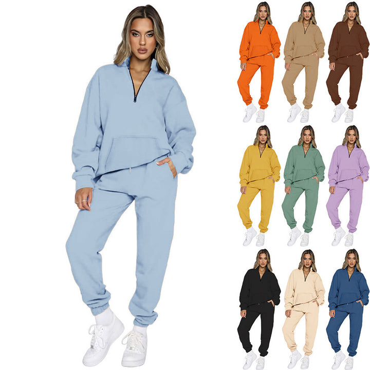 Damen nan French‑Terry Relax‑Loungewear‑Set mit halbem Reißverschluss, Kängurutasche und taillierter, schmal zulaufender Jogginghose Echo Archiv