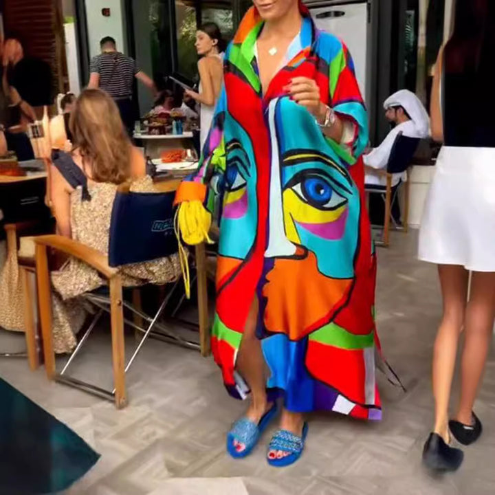 Damen nan Oversize-Hemdkaftan mit abstraktem Portraitprint und Hemdkragen Echo Archiv