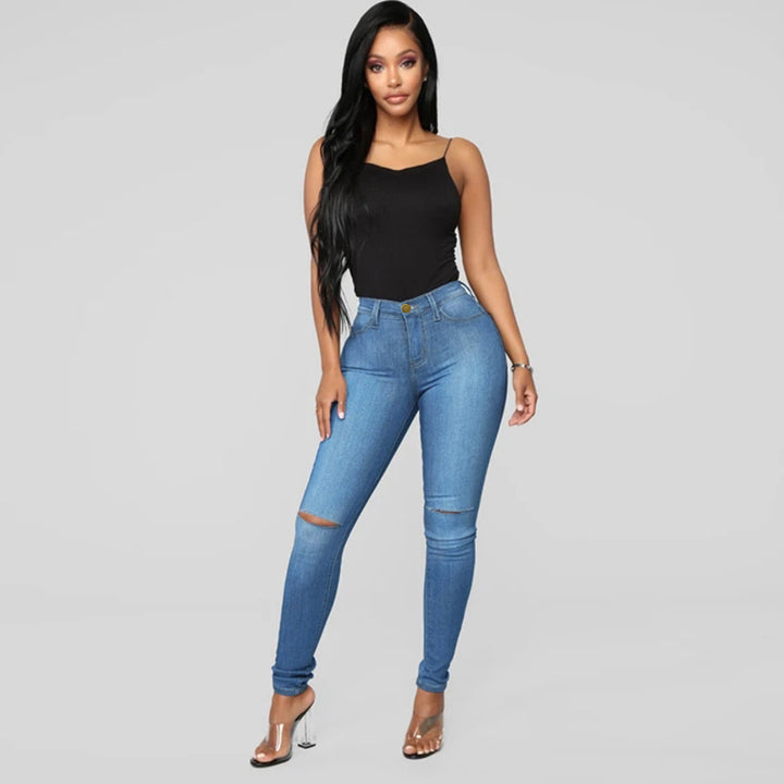 Damen High-Waist Skinny-Jeans mit Knie-Rissen und figurformendem Schnitt Echo Archiv