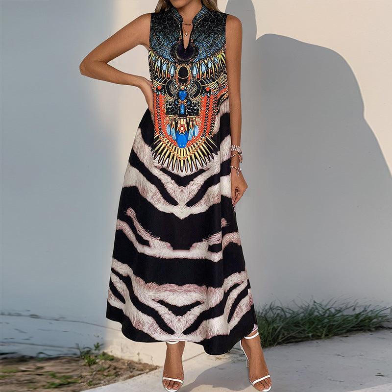 Damen Ärmelloses Maxikleid mit Statement-Halsdruck, Ethno‑Motiv und ausgestellter A‑Linien‑Silhouette Echoarchiv