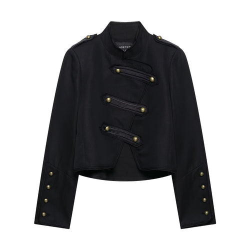 Damen Kurzgeschnittene militärisch inspirierte Jacke mit Stehkragen, Zierpatten und Metallknöpfen Echo Archiv