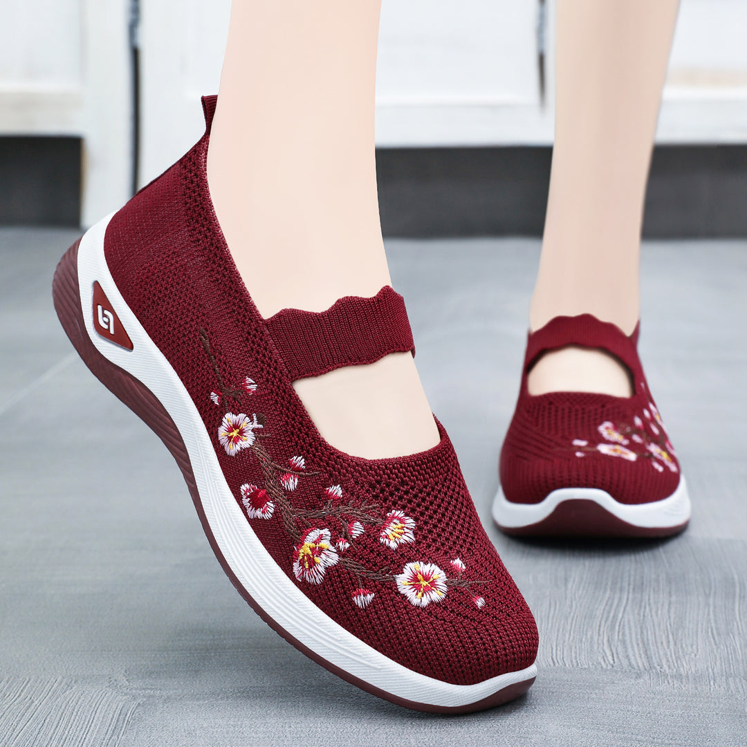 Damen nan bestickter gestrickter Slip-On Sneaker mit Mary-Jane Riemen und stoßdämpfender EVA-Sohle Echo Archiv