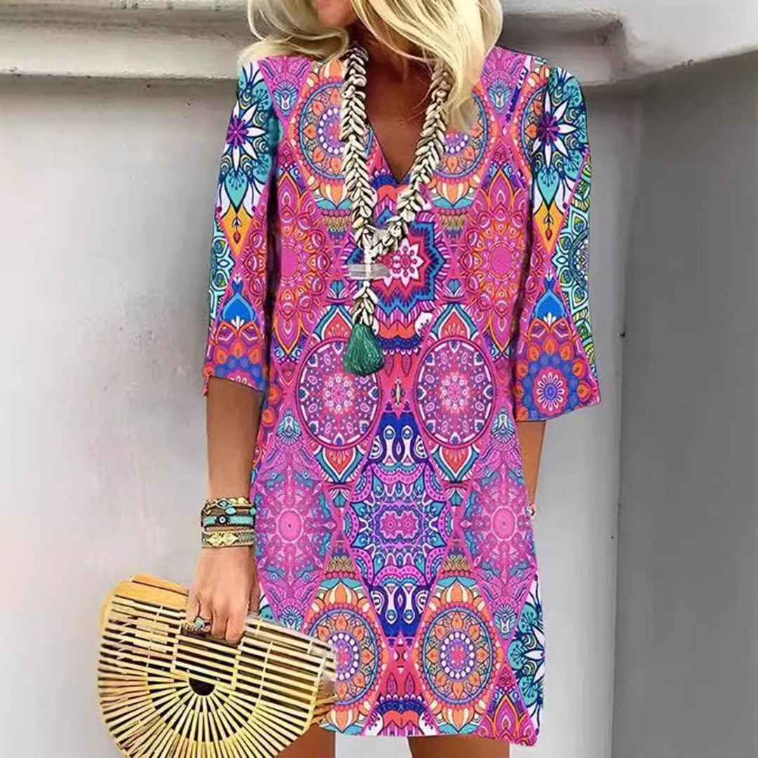Damen nan kurzes Boho Strandkleid im Mandala-Print mit V-Ausschnitt, dreiviertel-Ärmeln und legerer A-Linie Echo Archiv