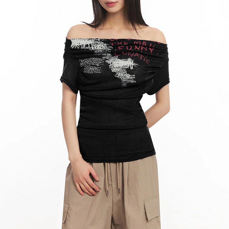 Damen Off-Shoulder T-Shirt mit künstlerischem Druck und figurbetontem Schnitt Echo Archiv