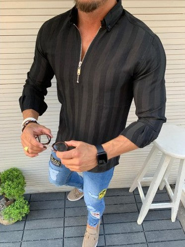 Herren Langarmshirt mit modernem Reißverschluss und feinem Streifenmuster Echoarchiv